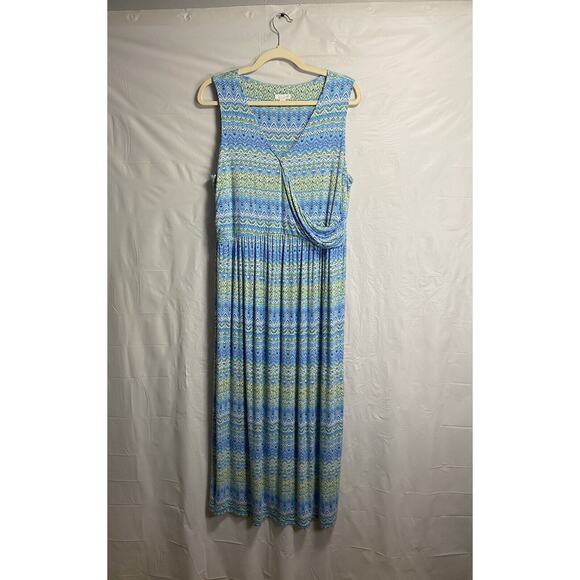 J.Jill Womens Dress Large Blue Maxi Faux Wrap V Neck Pullover Stretch Geometric - Picture 1 of 4